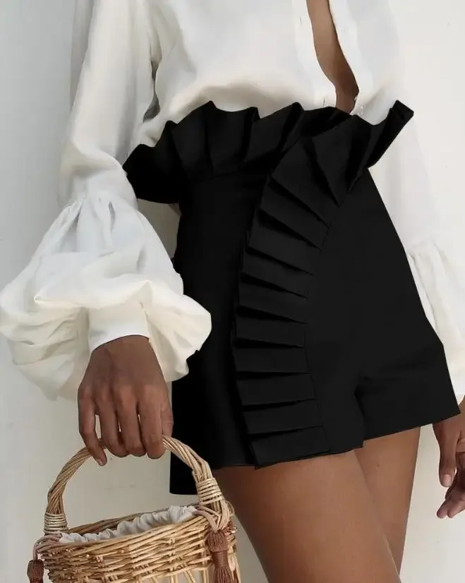 Fashion Bottom Ruffle Hem Ruched Shorts Women High Waist Shorts Elegant Summer Casual Female Clothing Outfits Kawaii Shorts