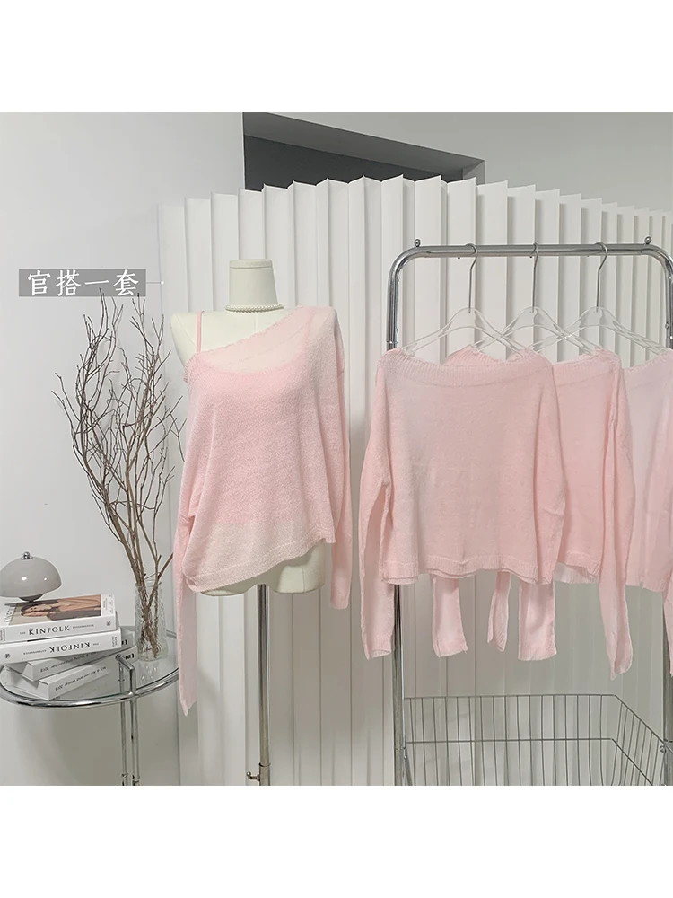 

Women's Pink Knitted Sweater Harajuku 90s Y2k Long Sleeves Slash Neck Jumper Sweaters Vintage Two-piece Set 2000s Clothes 2024