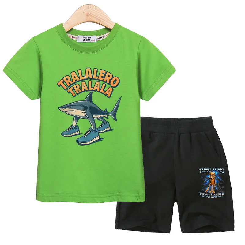 Children's Italian Brainrot Clothes Boys Summer T-shirt Tralalero Tralala Shorts Short Sleeved 2-piece Sets 2 Children's Italian Brainrot Clothes Boys Summer T-shirt Tralalero Tralala Shorts Short Sleeved 2-piece Sets - Image 2