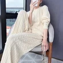 

Women Kintted Sweater Pants Set Spring Autumn O Neck Long Sleeve Pullover+ Wide Leg Pants Suit 2 Pieces Tracksuit Female