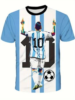 Cool Boys' 10 Soccer Jersey with Print Short Sleeves Vibrant Argentine Design Casual Pullover for Spring And Summer 1