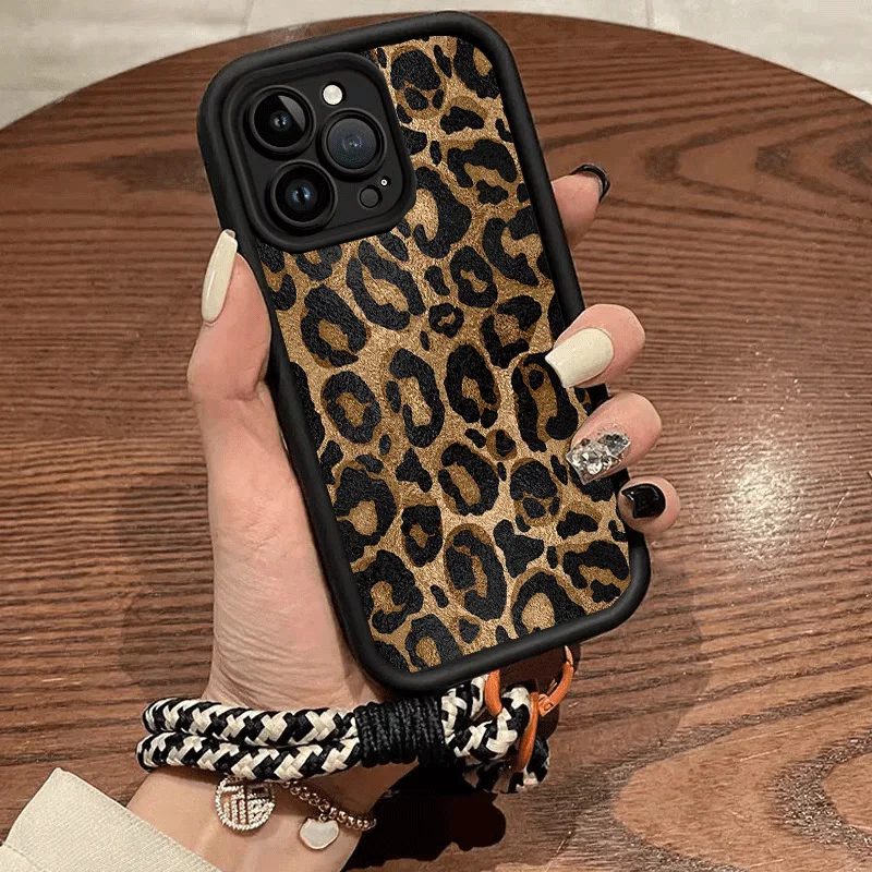 Brown Leopard Print Silicone Wrist Lanyard Phone Case