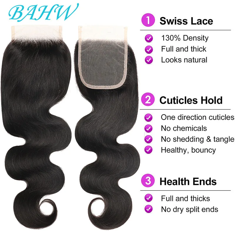 BAHW Malaysian Remy Hair Body Wave 4x4 Lace Closure Human Hair Bleached Knots Middle/Free Part Top Closure Swiss Lace Free Ship human hair closure