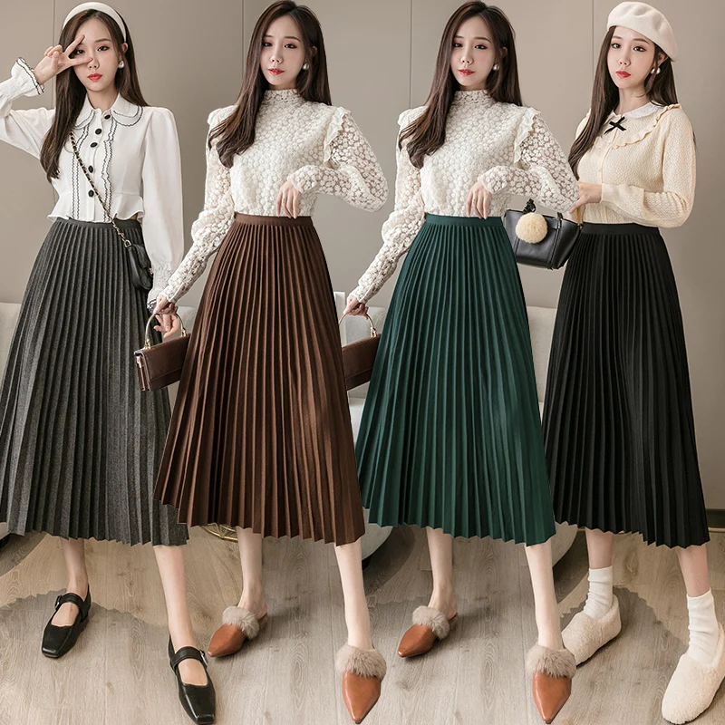 

Ladies Elegant Fashion Large Hem Pleated Long Black Skirt Women Clothes Girls Korean Skirts Chic Casual Faldas Largas BPy995