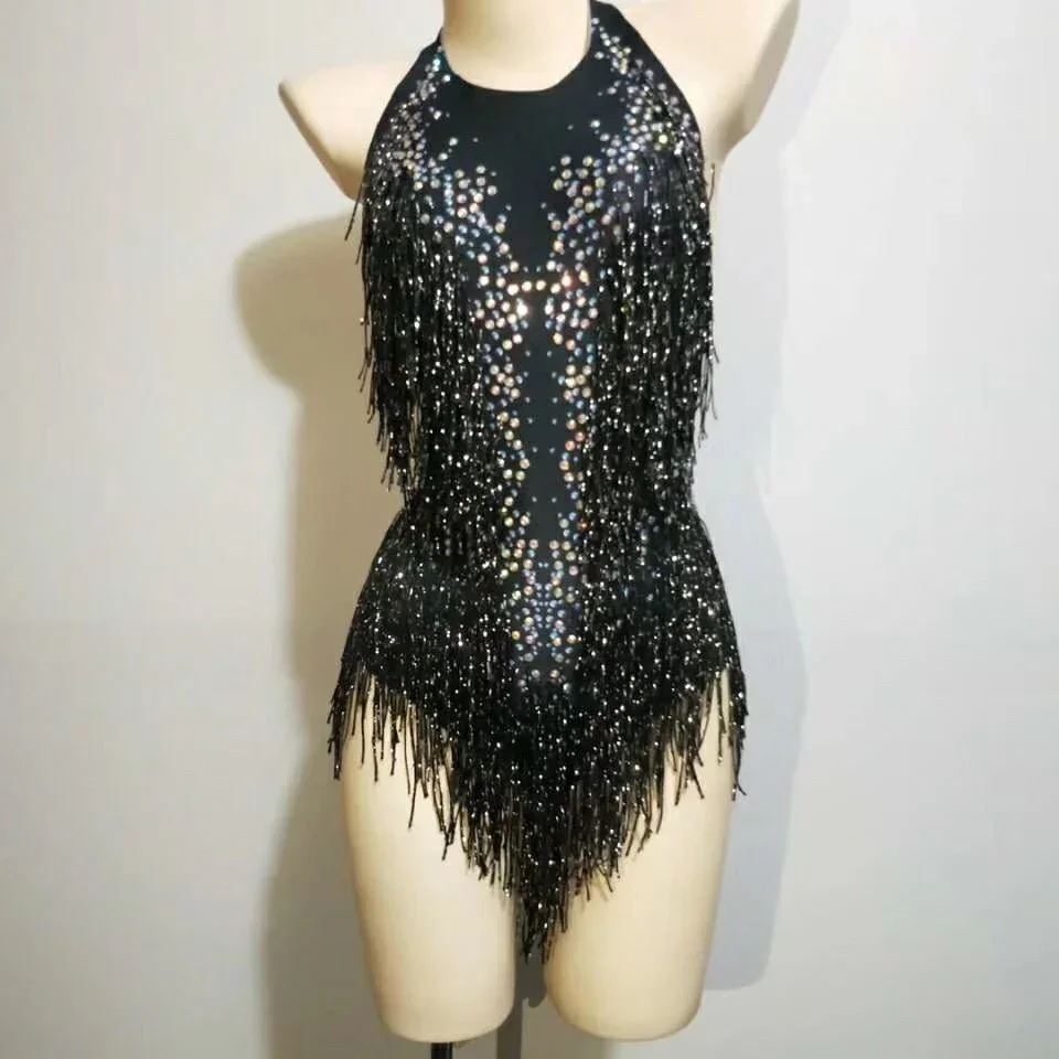 

Drag Queen Bodysuit Women Outfit Black Gold Fringe Rhinestone Body Suit Dancer Leotard Backless Latin Cha Cha Stage Wear