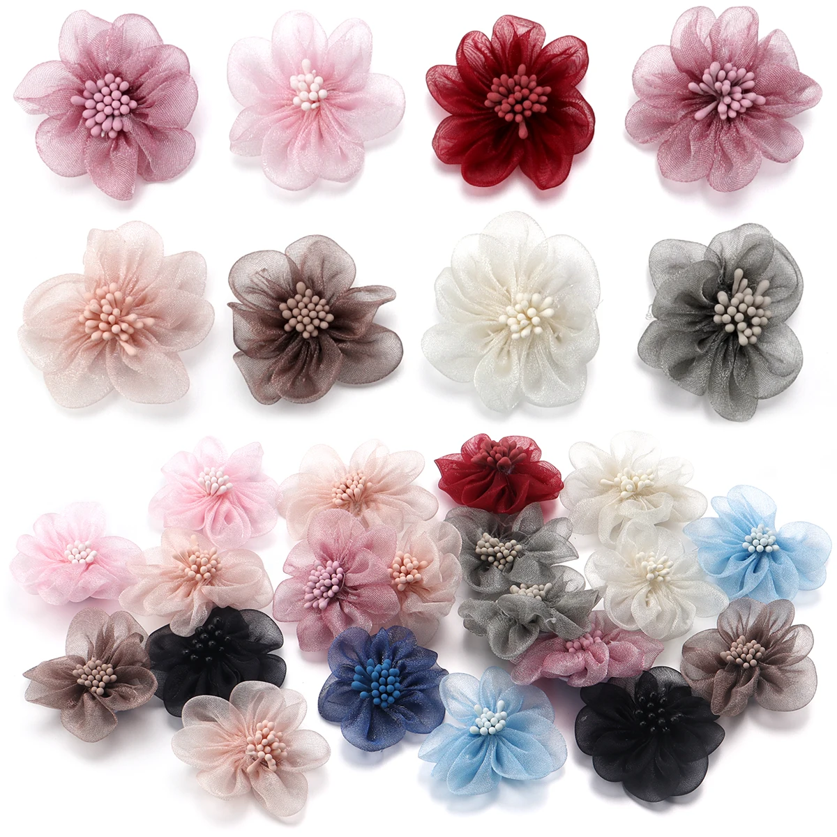 4 개/몫 Organza 수제 꽃 Stamens 색상 바느질 꽃 DIY 쥬얼리 의류 Applique 장식 용품