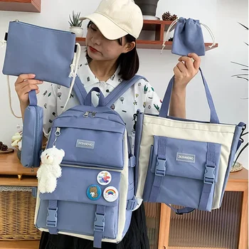 Backpack with Kawaii Pin and Accessories, 5Pcs Kawaii Backpack Combo Kit, Canvas Backpacks, Cute Kawaii Backpack Large Capacity 1