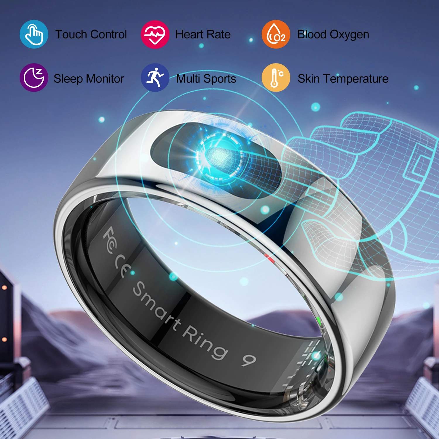 R08 Smart Ring voor mannen en vrouwen met aanraakbediening, gezondheidsmonitor, IP68 5ATM waterdicht, huidtemperatuurmeting, nieuwe slimme ring_voghion.com