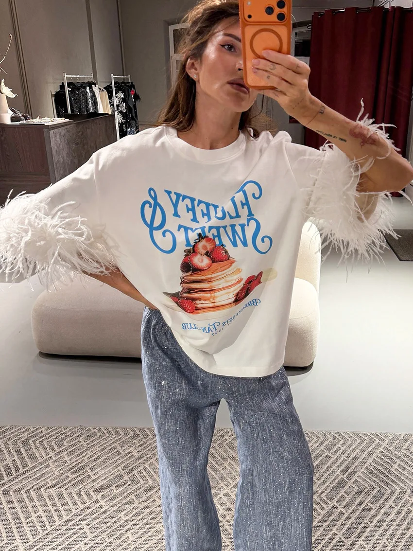 Women Fashion Feather Patchwork Printed T-shirt Casual Round Neck Half Sleeve Oversized Shirt 2026 Lady Summer Street T-shirts 2