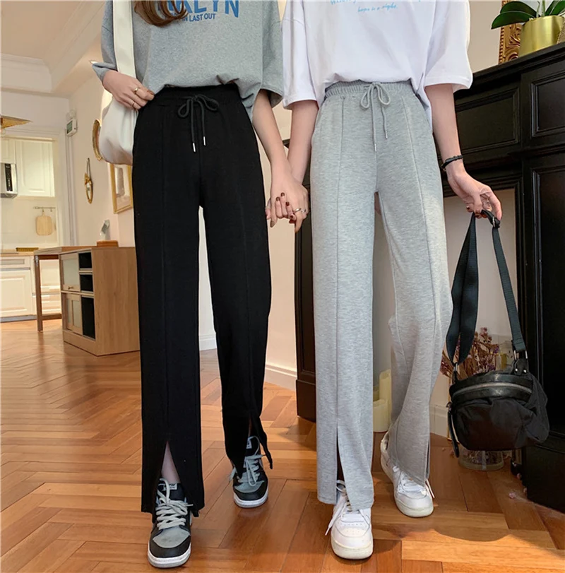 Split Wide Leg Pants Women's 2021 New High Waist Drape Thin Versatile Loose Straight Casual Sports Trousers for Female plaid pants