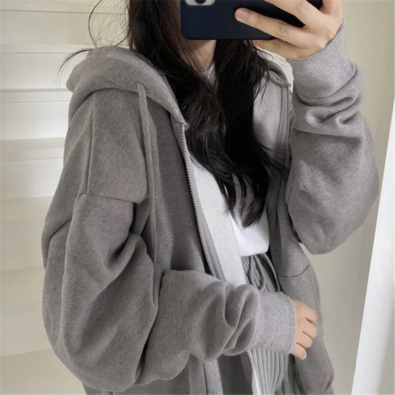 2023 Autumn Winter New Solid Color Hooded Long Sleeve Zipper Cardigan Women Loose Comfortable Plus Velvet All-match Outwear