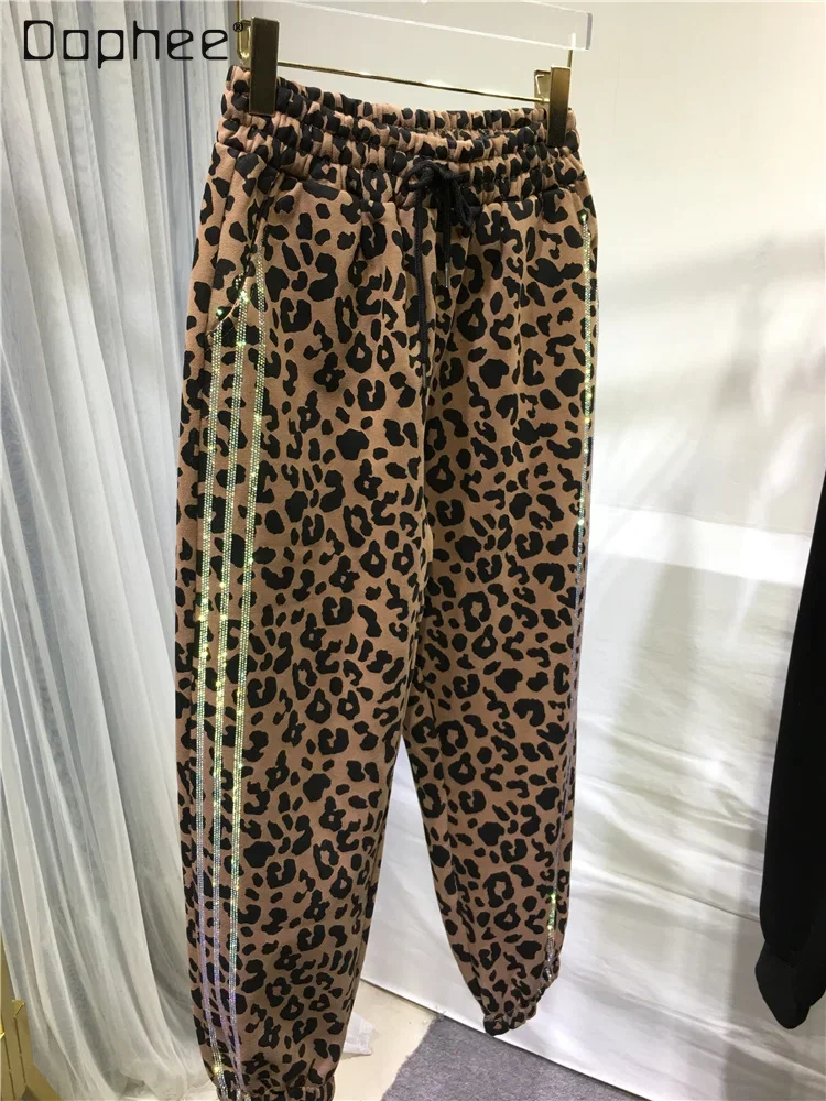 Luxury Leopard Print Pine Fleece Thick Sweatpants Women Autumn and Winter European Casual Rhinestone Tight Waist Slimming Pants