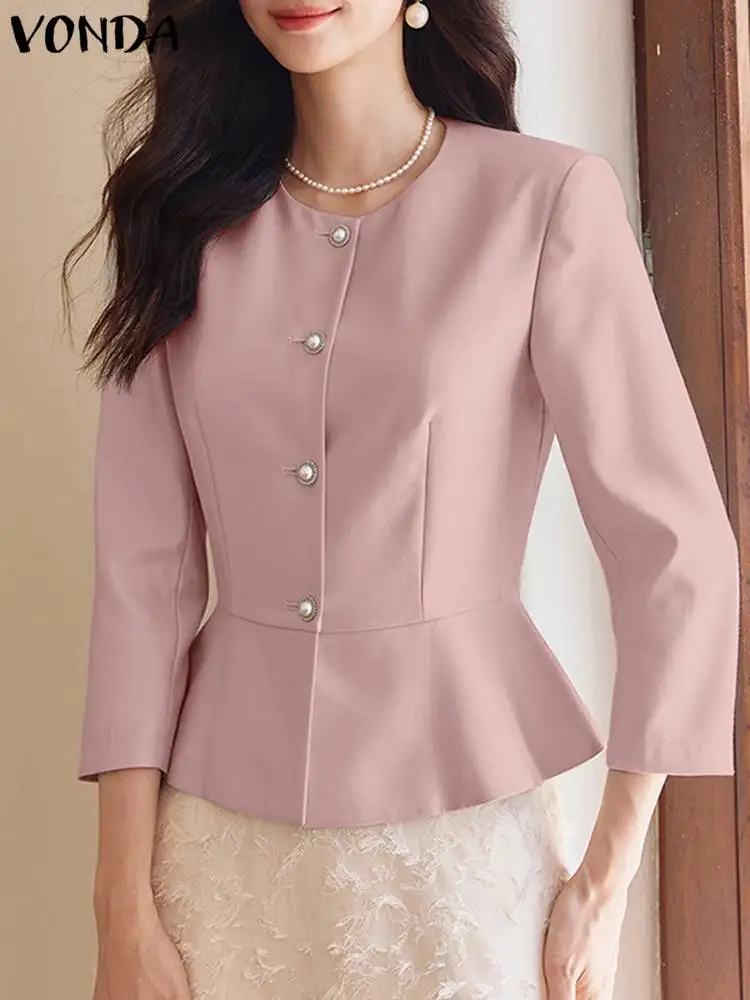 

2023 VONDA Элегантная атласная рубашка Летняя женская блузка с круглым вырезом на пуговицах Шелковая Туника Топы повседневные однотонные свободные гофрированные Блузы