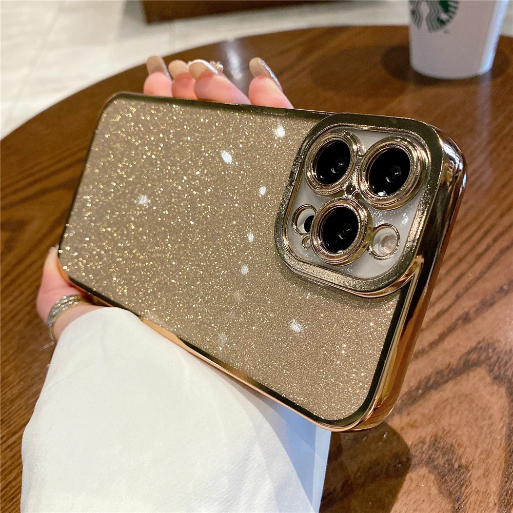thumbnail image 1 of Luxury Plating Silicone Glitter Transparent Case For iPhone 15 14 11 12 13 Pro Max Mini XR X XS 6 7 8 Plus SE Shockproof Cover, 1 of 5