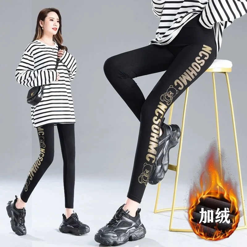 Black Gold Letter Bear Sequin Women's Leggings Pants High Waist Elastic Black Bottoms Pencil Trousers