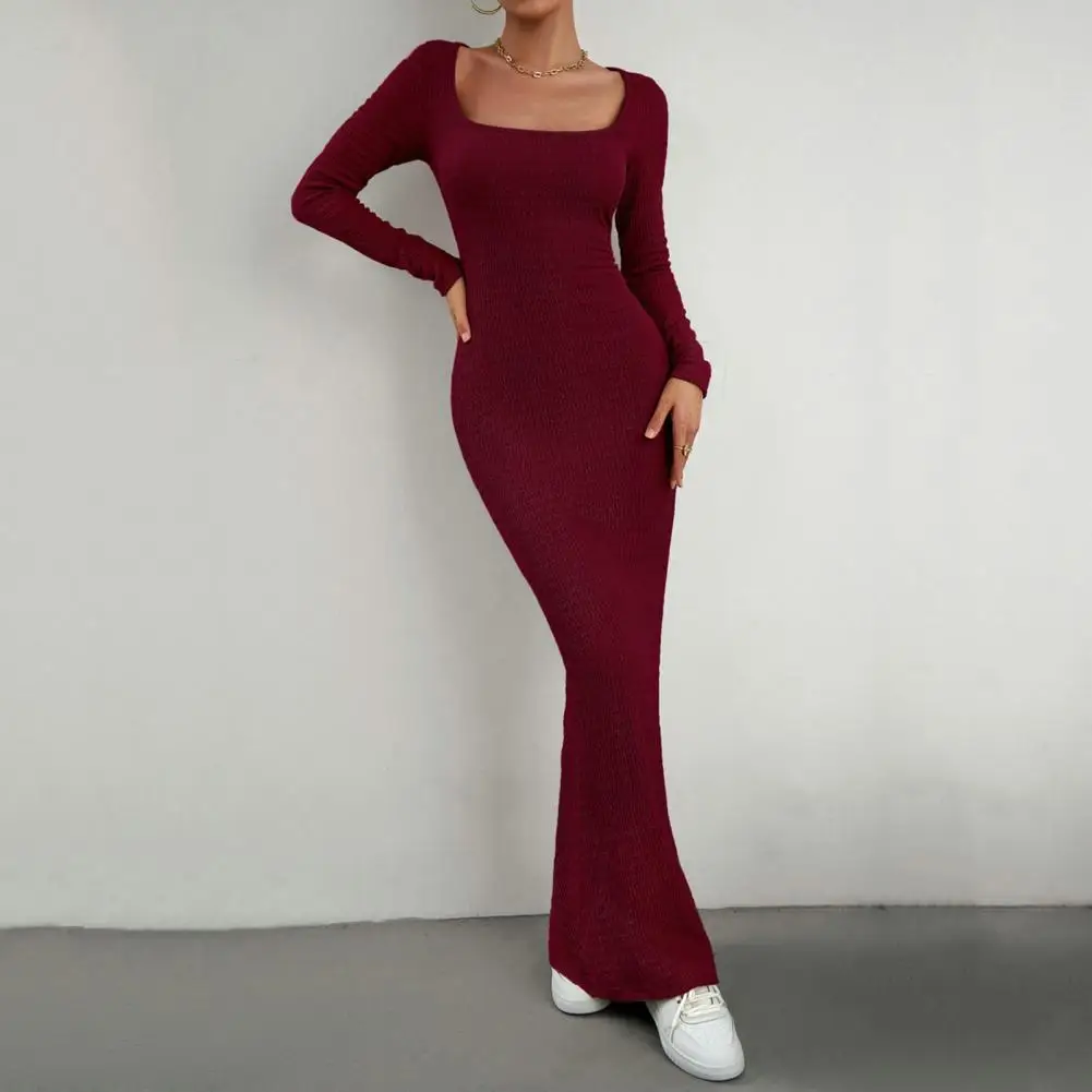 

Women Spring Dress Elegant Ankle-length Maxi Dress for Women Soft Knitted Square Neck Skinny Elastic Solid Color Long for Spring
