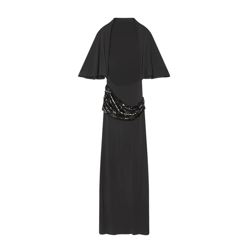 فستان نسائي طويل بدون ظهر مزين بالترتر أنيق بأكمام...