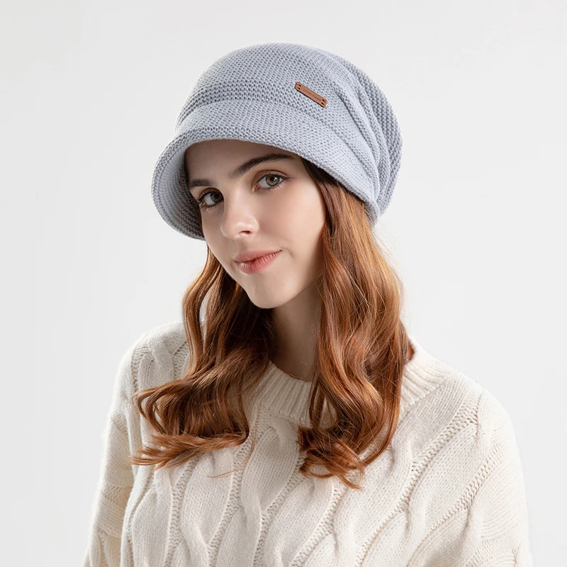 Winter Knitted Women Hat Plus Velvet Fleece Lined Beanie Thick Warm Baggy Cap With Visors Casual Lady Wide Brim Baseball Cap 4