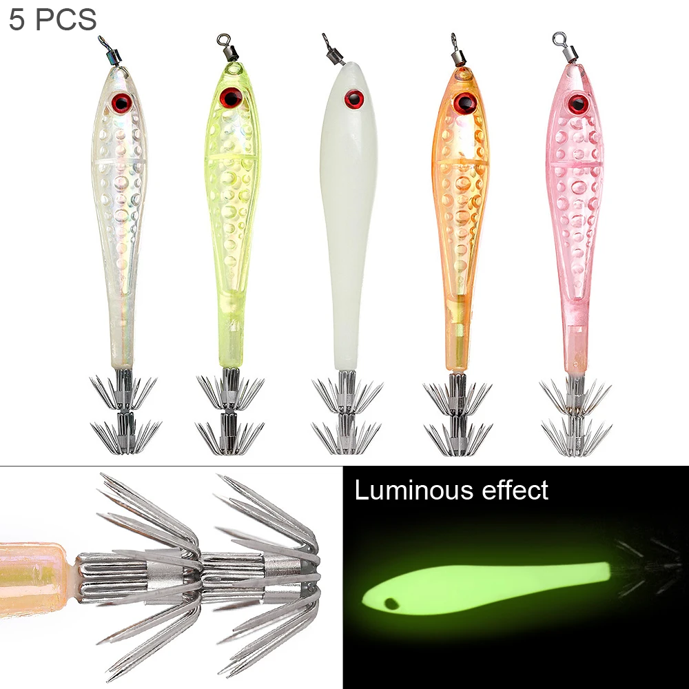 5pcs Luminous Squid Jig Hook Lures Shrimp Baits Orange Pink Luminous White Green