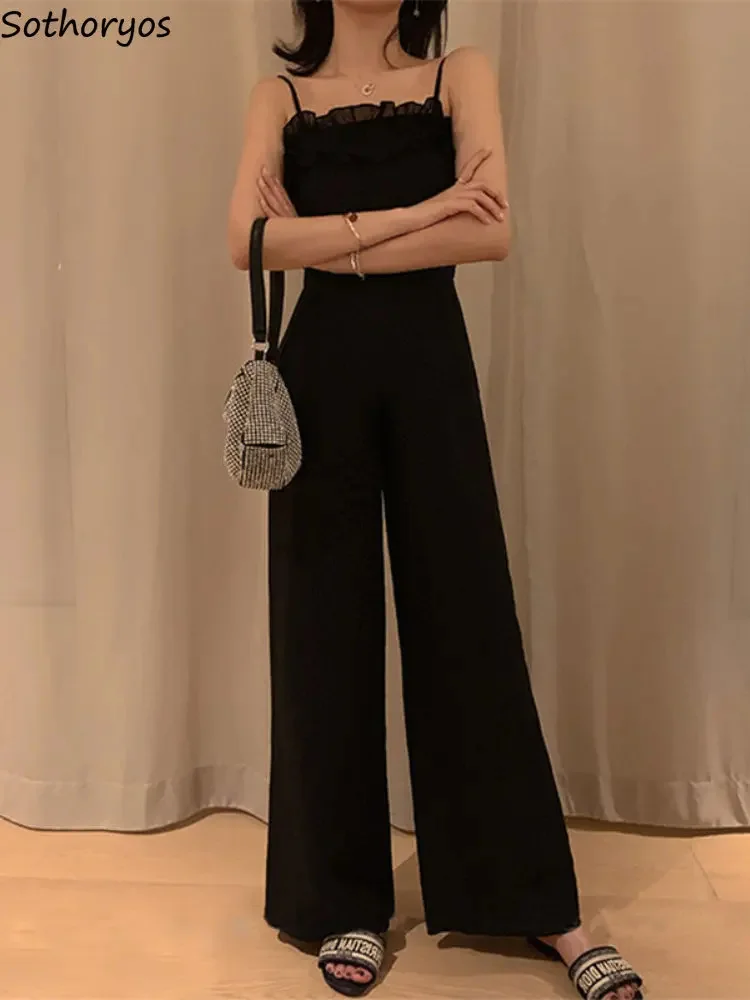 

Jumpsuits Women Comfortable Lovely Casual Spring Summer All-match Loose Korean Style Ladies Solid Black Daily Stretchy Simple
