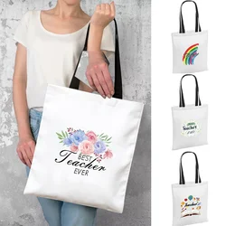 Foldable Shoulder Bag Women Grocery Canvas Organizer Shopping Bags Outdoor Travel Storage Handbag Teacher Pattern Reusable Tote