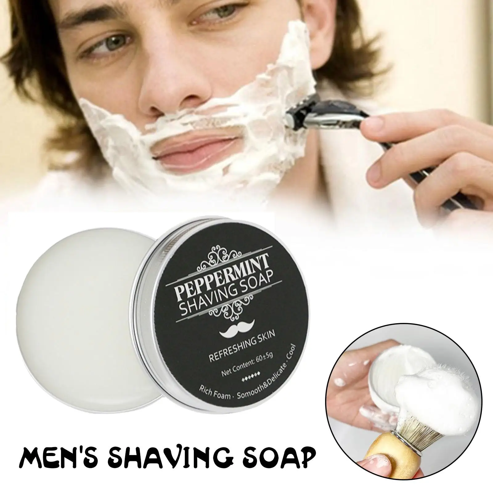

60g Men's Shaving Soap Mint Scent Foam Rich Gentle Handmade Gentle Not Soap Beard Stimulating Shave Cream E3U7