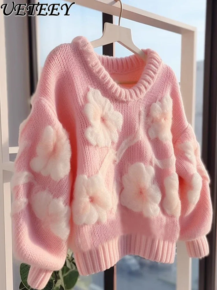 

Autumn and Winter Outer Wear Heavy-Duty Long Sleeve Sweater Knitwear High-Grade Nice Pink Flower Knitted Pullover for Women