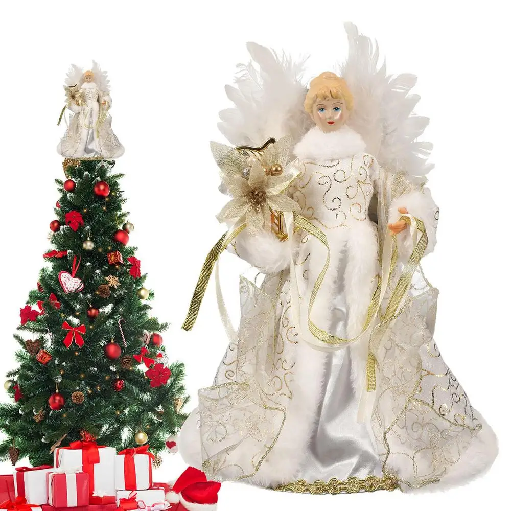 Description Picture 4 of item2025 Christmas Tree Topper Angel Fairy With White Feather Wings no light 3d Christmas Tree Top Decoration Ornament