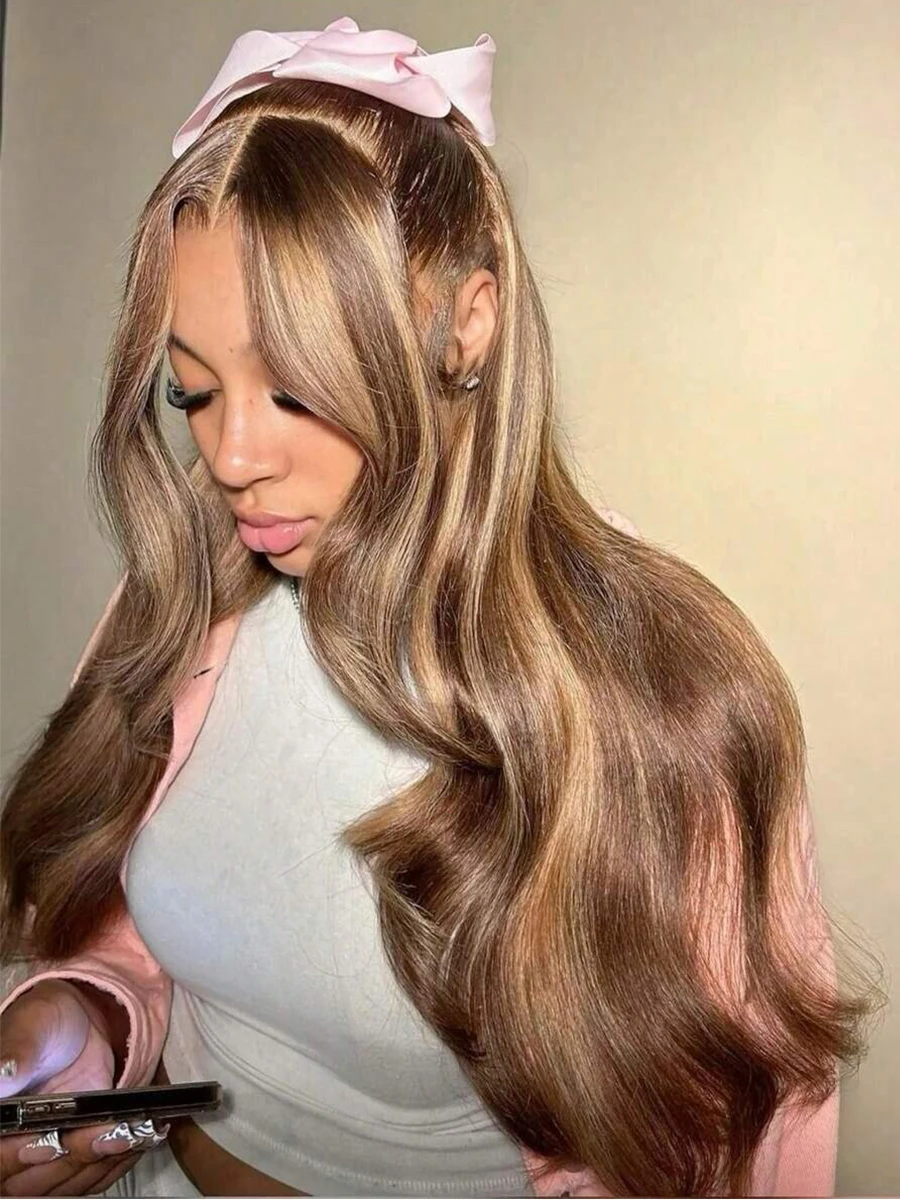 P4/27 Highlight Ombre Brown Body Wave 13x4 HD Lace Front Human Hair Wigs Honey Blonde Colored Pre Plucked Long Wigs For Women 4
