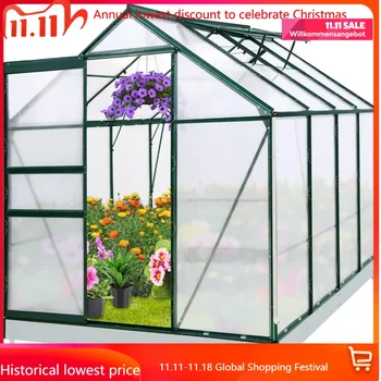 Outdoor Walk-in Hobby Greenhouse with Adjustable Roof Vent and Rain Gutter, Base and Anchor, Polycarbonate Alum 1