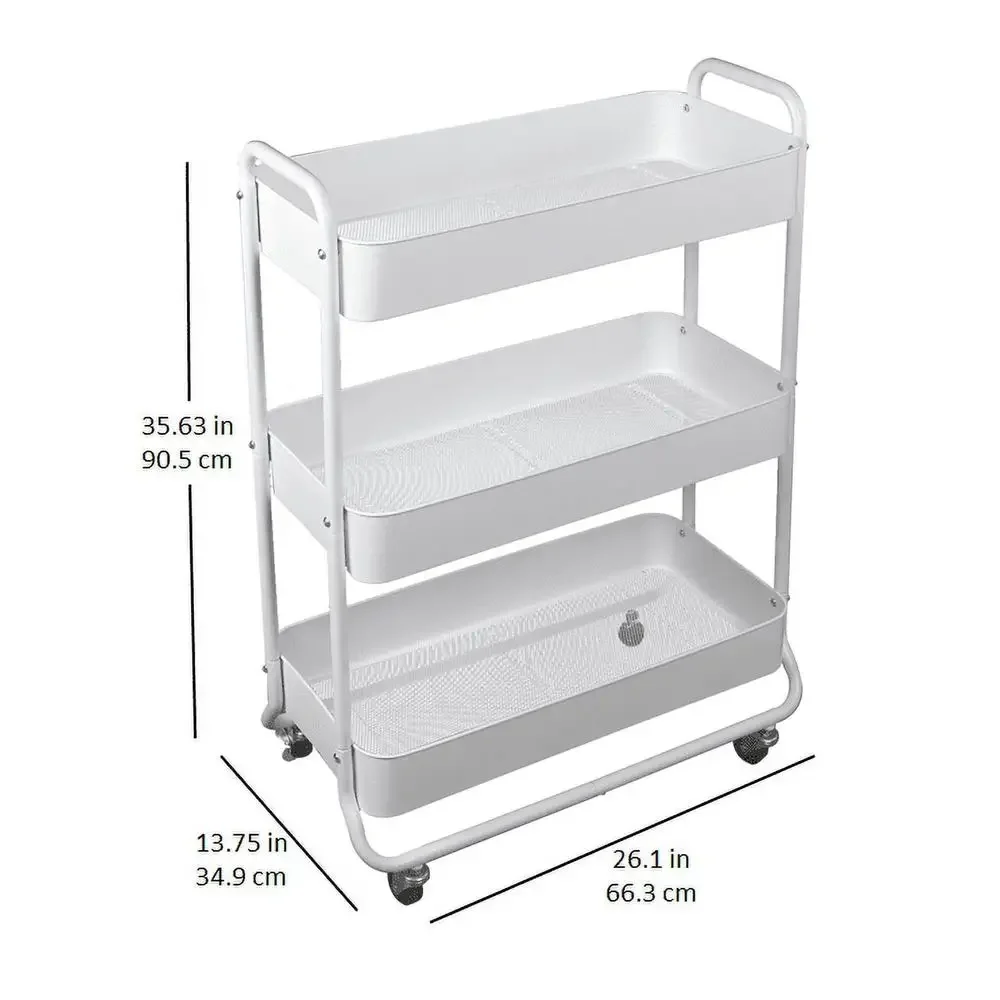 Metal Utility Cart 3 Tier White Rolling Laundry Organizer Adult Child StorageBasket Easy Assembly