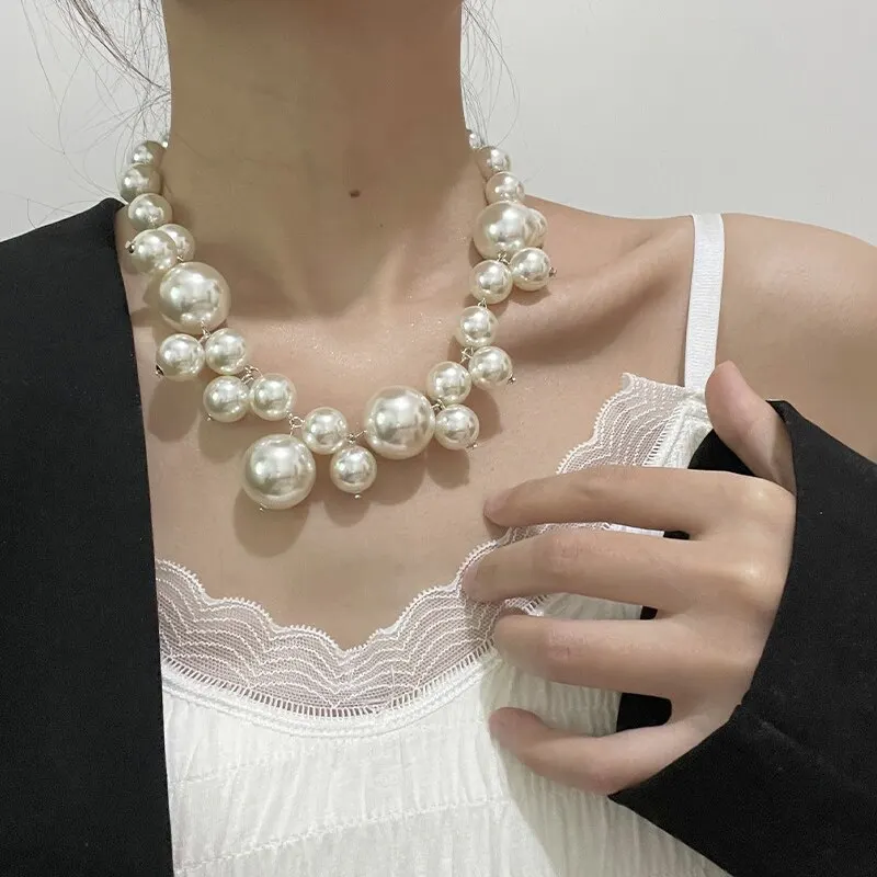 Elegante damesketting met imitatieparels, grote parels, choker, perfect voor feestjes, bruiloften, als bruidssieraad of als cadeau voor meisjes._voghion.com