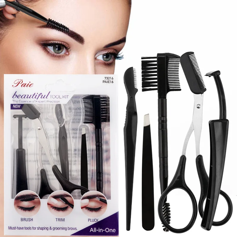 5PCS Specialized Eyebrow Trimmer Set Scissors Tweezers Eyebrow Razor Scraping Comb Razor Clip Makeup Tools Set