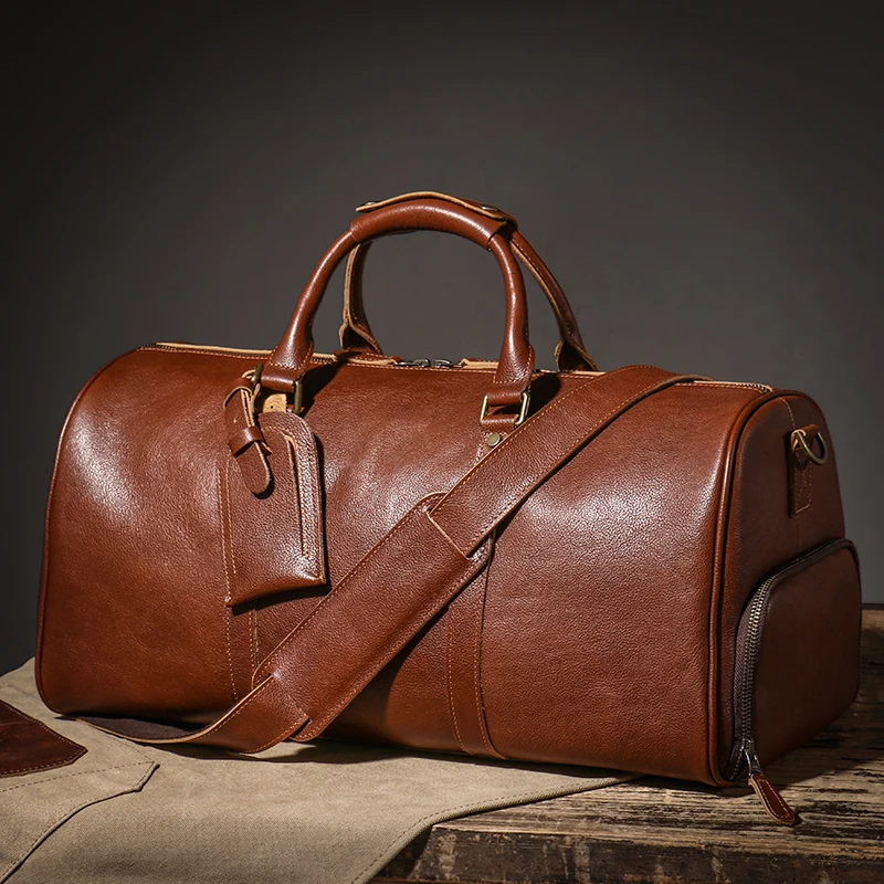 LUOKIR High Quality Men's Travel Bag Genuine Leather Luxury Luggage Bag Women's Weekend Duffle Bag Vintage Business Handbag 2