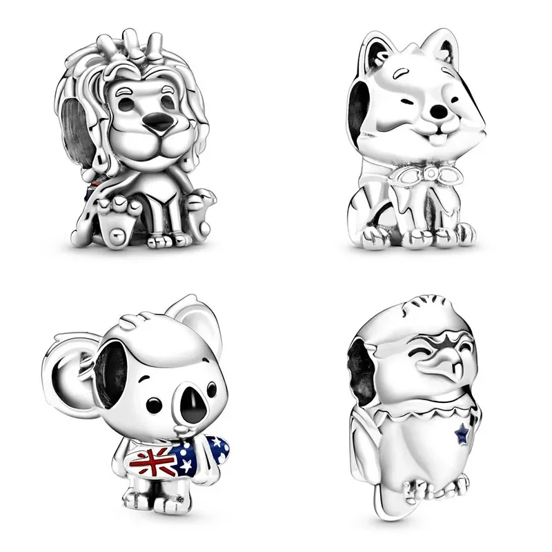 2020 100% 925 Sterling Silver Pan Surfing Koala Akita Inu Dog Charm Ondulato Union Jack Lion Bald Eagle Charm Animali Gioielli