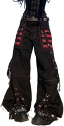 Women Gothic Cargo Jeans Wide Straight Leg Punk Grunge Baggy Pants Goth Aesthetic Streetwear Trousers