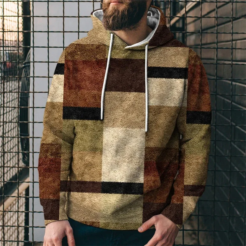 thumbnail image 1 of Sudaderas con capucha con patrón de cuadros para hombres, jerséis con estampado 3D de bloques de Color, Tops de calle Unisex, sudaderas sueltas, 1 of 4