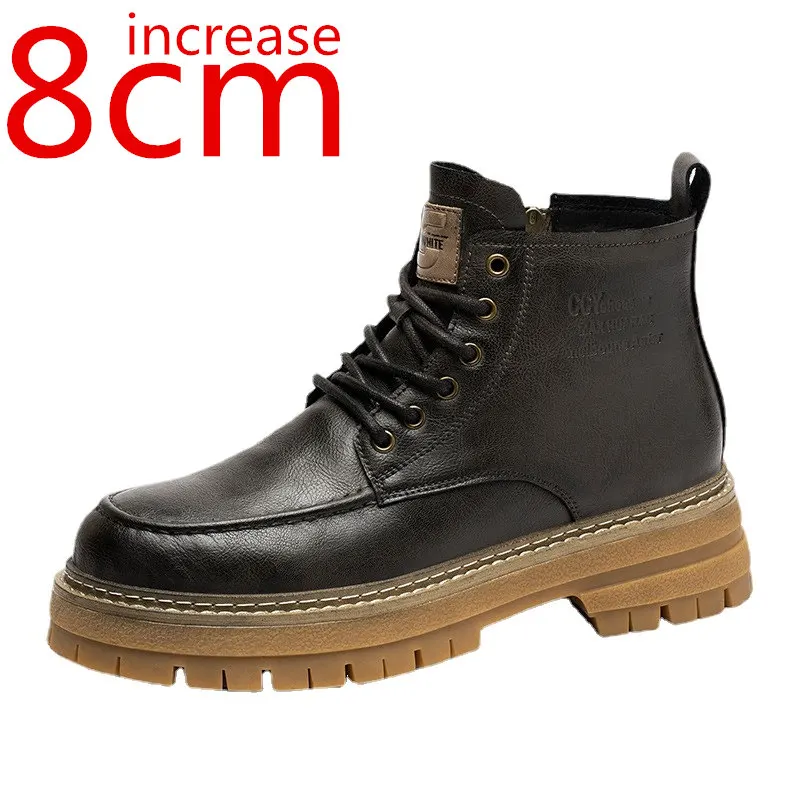 

Autumn/winter Genuine Leather Men's Boots 8cm British Outdoor Heightening Snow Boots Warm Invisible Increased Boot Shoes for Men