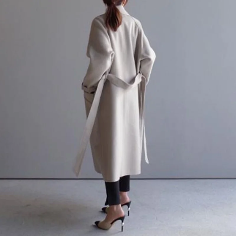 Winter Women's Beige Elegant Wool Blended Solid Color Fashion Black Simple Wool Camel Oversized Coat Korean Long Coat Retro