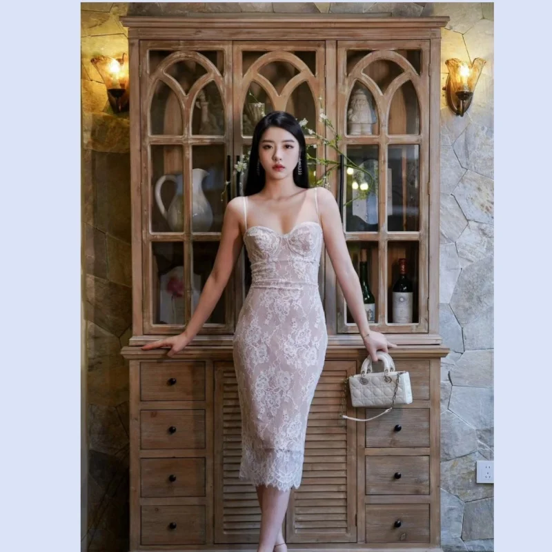 

Slim Fit Lace Strap Dress, High End Lace, 3D Chest, Black and White, 24 Spring