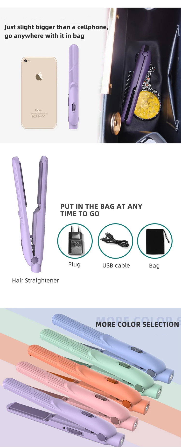 Travel Portable Flat Iron Professional Electric Cordless Usb Mini Hair Straightener With Ceramic Coating Plates And Usb Cable