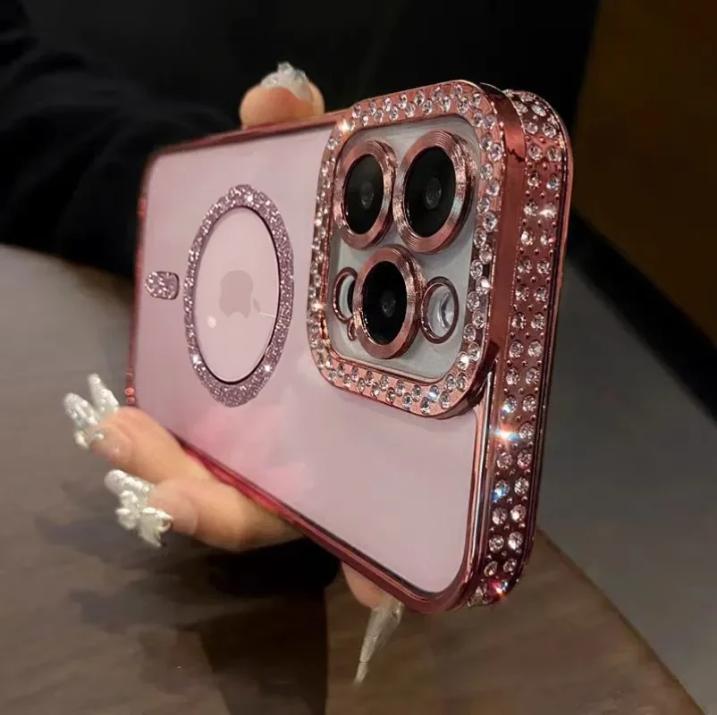 iPhone Case Magnetic Diamond Glitter Rhinestone Electroplated Jewelled Transparent For iPhone 16 15 14 13 12 11 Pro Max Plus