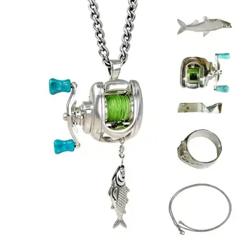 Mini carrete de pesca para hombre y mujer, conjunto de joyería, collar con colgante de rueda de línea, joyería deportiva para pesca al aire libre, regalo para pescadores 1