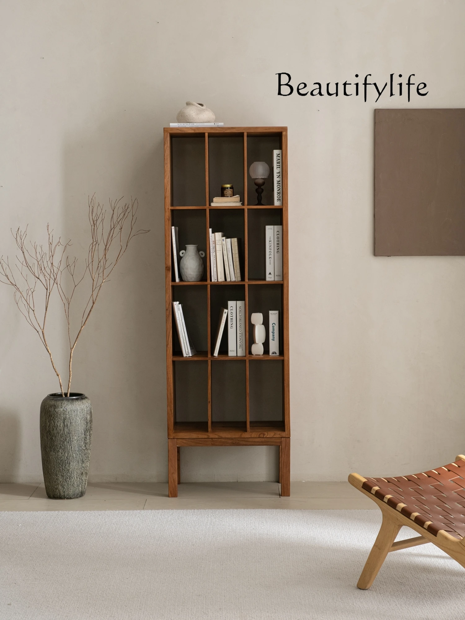 

Solid Wood Bookcase Living Room Side Cabinet Multi-Grid Bookshelf Floor Study Locker Integrated