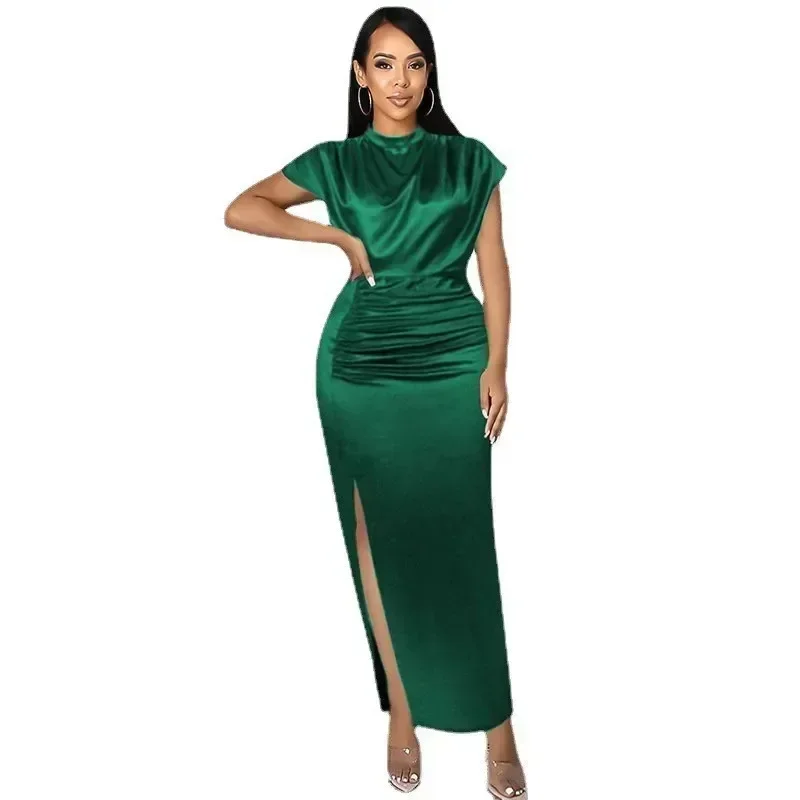 

Women Dresses Summer 2024 Burgundy Green Satin Long Dress Elegant Ladies Evening Birthday Cocktail Party Pleated Gowns Outfits