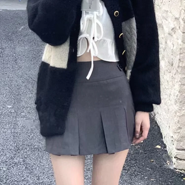 HPIYILUO  Vintage Gray Pleated Skirt Women Kawaii High Waist Mini Skirts Korean Fashion School Uniform Harajuku Streetwear Sprin long skirts