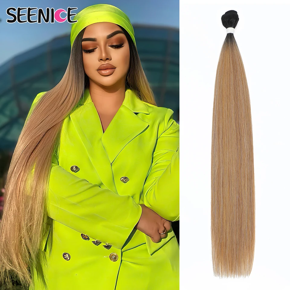 Hair Extensions Bone Straight Hair Extensions Synthetic Ombre Brown Copper Hair Bundles Natural Weaving 26Inch Straight Full to End