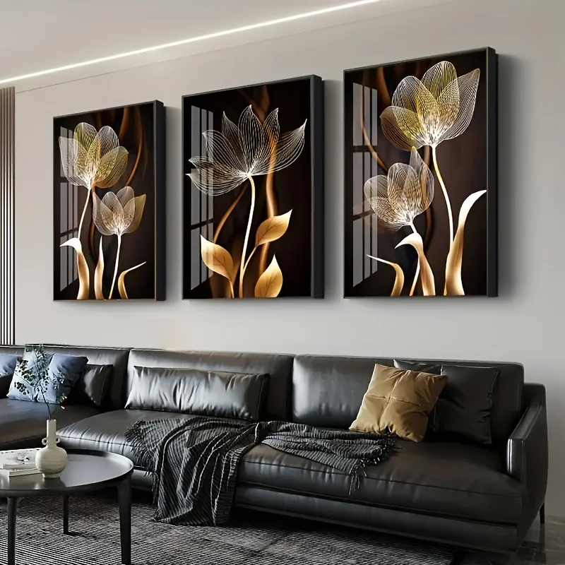 3pcs, Black and Golden Flower Wall Art Canvas Painting for Living Room Decor - Modern Abstract Design, No Frame Required 1