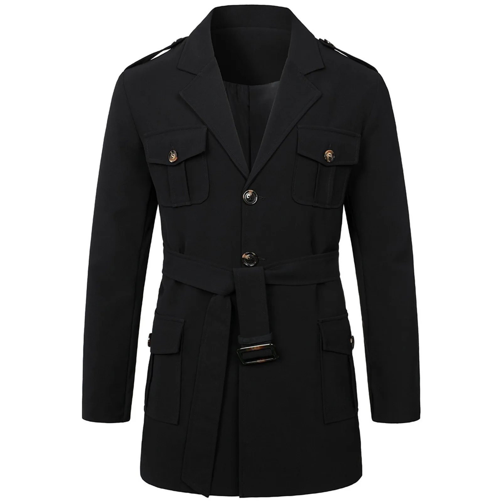 

2023 Spring Autumn Windbreak Overcoat Men Solid Color Button Pockets Slim Long Sleeve Long Trench Coats With Belt For Men