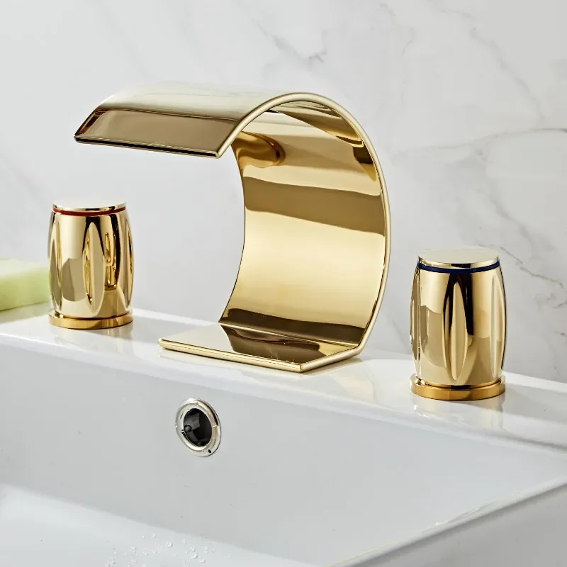 Description Picture 3 of itemBasin Faucets Total Brass Gold Deck Mounted Bathroom Sink 3 Hole Double Handle Hot And Cold Waterfall Faucet Water Tap